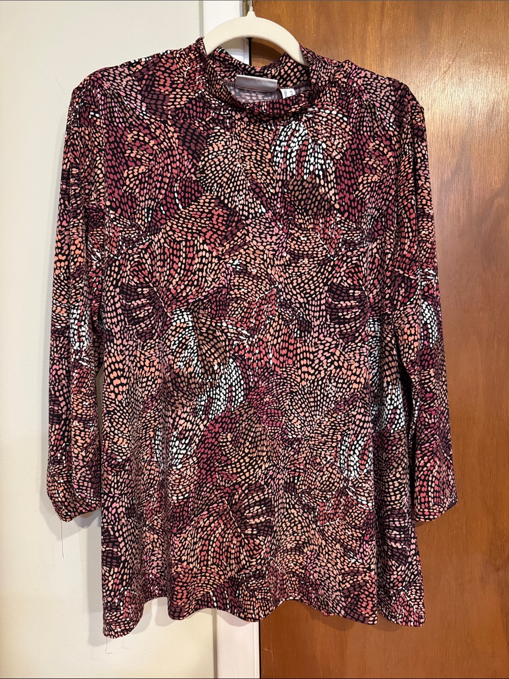 Susan Graver Liquid Knit Pink and Black Printed Mock Neck Top